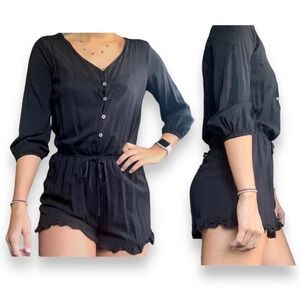 Mossimo Supply Co Black Button Front Tie‎ Waist Romper Ruffle Hem Size M